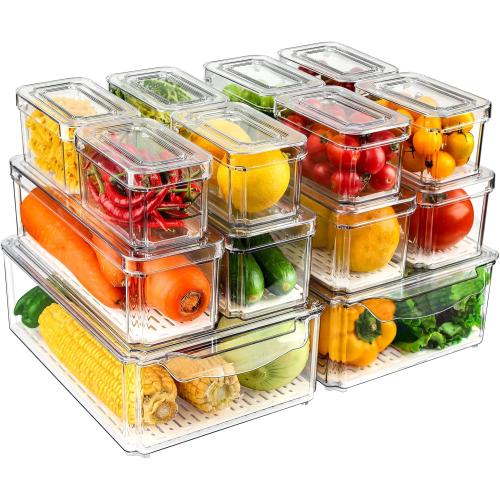 14 Pack Fridge Organizers and Storage - Refrigerator Organizer Bins with Lids, BPA-Free Fridge Organization, Fruit Storage Containers for Fridge, Vegetable, Food, Drinks, Cereals, Clear