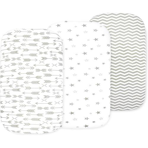 Organic Bassinet Sheets 3 Pack, 33x17 Fitted Sheet for Boys & Girls, Soft 100% Jersey Cotton, Compatible with Halo Bassinest, Baby Delight, Graco, Oval & Rectangle Mattress