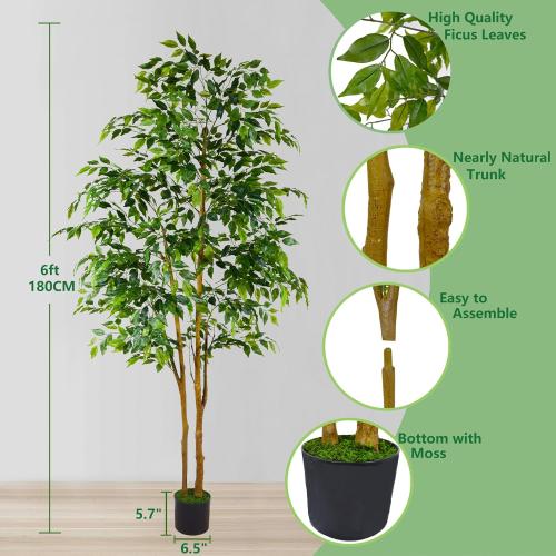 Artificial Ficus Tree, 7ft Silk Fake Ficus Leaves Plant with Basket, Indoor Outdoor Faux Green Tree for Home Garden Office House Livingroom Décor