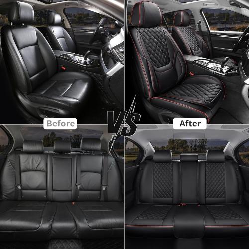 BLACK AND RED Car Seat Covers Full Set, Luxury Faux Leather Car Seat Covers Waterproof Non-Slip Seat Protector Universal Fit for Most Cars SUVs Trucks Pick-ups,Black Red Car Accessories Interior