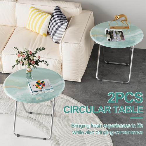 TV Tray Round Table, Small Foldable Table, Portable Dinner Table for Eating, Snack Side Trays Table Set of 2, No Assembly Required (Ocean Blue Marble, 2Pcs)