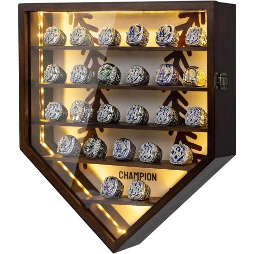 Championship Ring Display Case Display 25pcs Rings,Baseball Ring Display Case with LED Light,Wall Mount Wooden Shadow Box for Multiple Ring