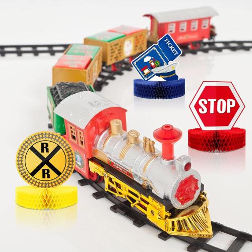Spakon 9 Pcs Train Birthday Party Decorations Railroad Train Crossing Centerpiece Table Decorations Railway Honeycomb for Kids and Baby Shower Railroad Crossing Sign Table Toppers Photo Booth Prop