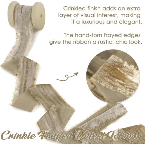 HUIHUANG Khaki Velvet Ribbon 1 inch Tan Frayed Velvet Ribbon Crinkled Silk Velvet Ribbons for Gift Wrapping, Floral Bouquet, Ornaments Crafts, Christmas Tree Decoration, Wreaths, Fall Decor
