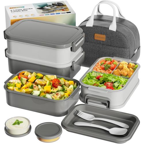 Adults Bento Box with Insulated Lunch Bag, 74oz Capacity 3 Stackable Leak-Proof Bento Box Built-In Utensil and Sauce, PFAS & BPA-Free, Microwave & Dishwasher Safe (Dusk Gray)