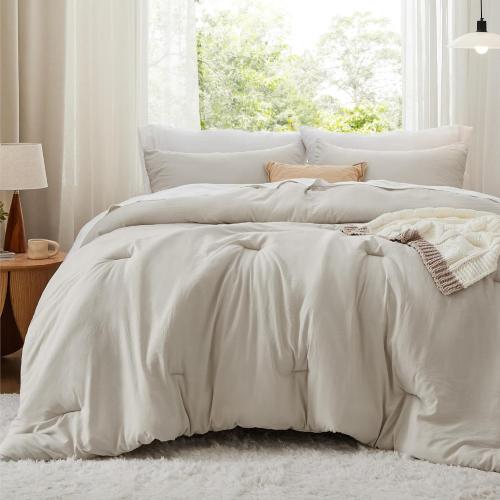 Bedsure King Size Comforter Set, Beige Soft Prewashed Bedding for All Seasons, 3 Pieces GentleSoft™ Warm Down Alternative Bed Set, 1 Lightweight Comforter (104x90) and 2 Pillowcases (20x36)