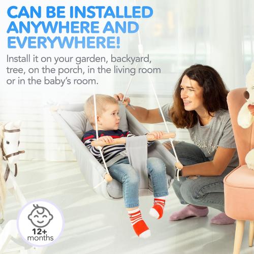 CaTeam Canvas Kids Swing, Wooden Hanging Seat Chair with Safety Belt, Durable Toddler Seat, Suitable for Outdoor and Indoor Use, Mounting Hardware Included, Gray Blue