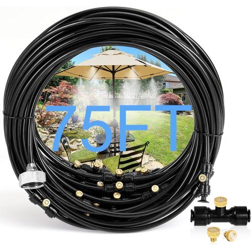 Size 75ft Outside Patio - 75FT Misting Cooling System with 28 Brass Nozzles and 3/4 Adapter, 23M DIY Outdoor Misters Kit for Garden, Greenhouse, and Patio Cooling