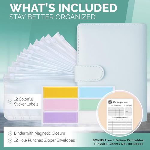 Saveyon Blue A6 Binder & 12 Clear Envelopes, Cash Envelope Binder for Budgeting, Mini Cash Envelope Wallet, Budget Envelopes for Cash System, Practical Organizer for Personal Cash Flow Management