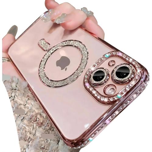 Magnetic Glitter Diamond for iPhone 15 Pro Max Case[Compatible with MagSafe] Glitter Rhinestone Diamond Camera Lens Protector Plated,Clear Slim Military Drop Shockproof Cover for Women,Pink