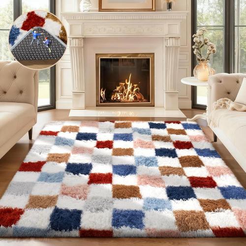 Ophanie Checkered Rainbow Rug for Living Room Bedroom,Colorful Fluffy Soft Cute Fuzzy Area Rugs,Shag Plush Shaggy Bedside Floor 4x6 Furry Carpet Kids Baby Teen Dorm Decor with Over 99 pcs Pile fibers