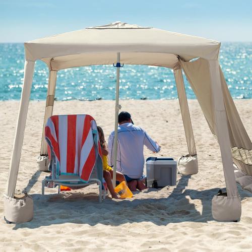 AMMSUN Beach Cabana, 6.2'×6.2' Beach Canopy, Easy Set up and Take Down, Cabana Tent with Sand Pockets, Instant Sun Shade with Side Wall, Vintage Beige