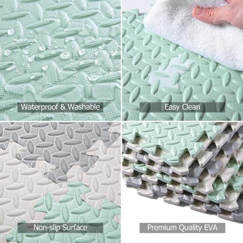 Foam Floor Mats for Kids, 12 x 12 Inch 16 Tiles 0.4 Thickness Foam Play Mat, Non-Toxic Square Interlocking Floor Mats Rubber Baby Play Mat for Toddlers(White/Gray/Bean Green)