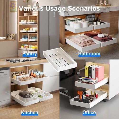 2 Pack Pull Out Cabinet Organizer, 21.8 Deep Slide Out Drawer for Cabinets Adhesive Pull Out Drawers Heavy Duty Pull Out Shelves for Kitchen, Cupboard, Pantry, Bathroom-White