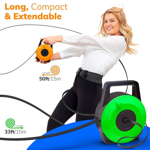 Retractable Network Cable Extender, 50 Feet CAT 6 Ethernet Cable Flat-Portable 1Gbps Data Speed-Swiftly Setup Temp Networks-Cascadable Male-Female RJ45 Connector-UTP Cable Reel