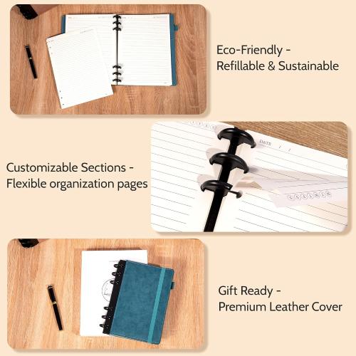 Yoment Refillable Notebooks for Work 5 Subject with Removable Dividers Tabs 224 Pages Hardcover Leather Journals for Writing Small Discbound Planner Colleged Ruled Paper for Women Men 6.1 x 8.3,Blue