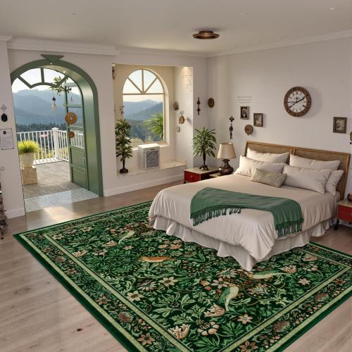 Vintage Washable Area Rugs for Living Room, Soft Green Boho Floral Large Bedroom Rug Non-Slip Botanical Dining Room Rug, Retro Flower Birds Floor Carpet for Kids Room Classroom