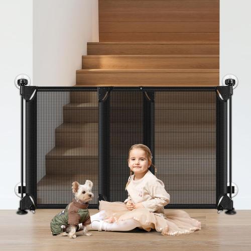 No Drill Baby Gate for Stairs No Bottom Bar, 34-55” Punch Free Dog Gate with Large Walk Thru Door, Mesh Dog Gate for The House, Swing & Dual Openings, No Drilling Pet Gates for Doorways, Black