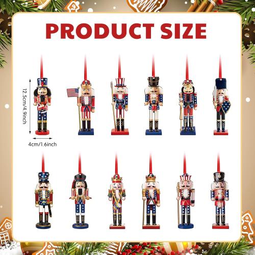 24 Pcs Christmas Nutcracker Ornaments Patriotic Wooden Nutcracker Hanging Ornaments Double Sided Figures Decorations for Xmas Tree Holiday Party Supplies