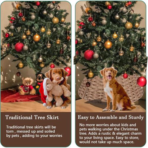Rattan Christmas Tree Collar, 24in Tree Collar Round Handwoven Disassemble, Light Brown Christmas Tree Collars Wicker Rustic Metal Frame Decoration