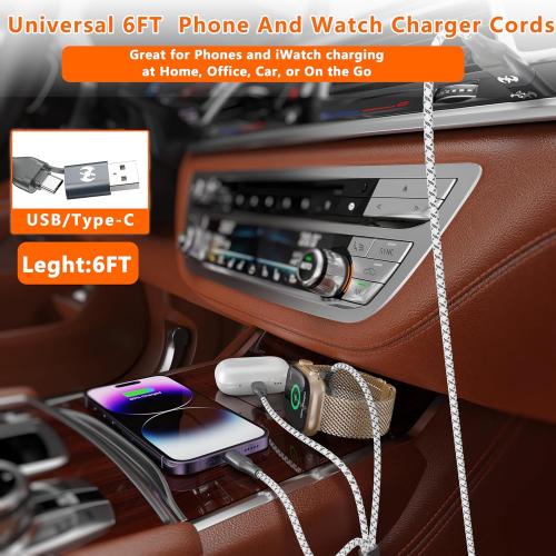 Multi Charging Cable for Apple Watch Charger 6FT, iPhone Charger USB A/C Multi Fast 3 in 1 Charging Cable for iWatch Ultra/SE/10-1 & iPhone16-5/Pro/Plus/iPad/iPod/Airpod
