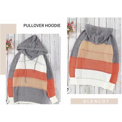 Size Small Color Striped BLENCOT Women Color Block Hooded Crochet Striped Sweaters Lightweight Drawstring Hoodies Pullover Trendy Sweatshirts