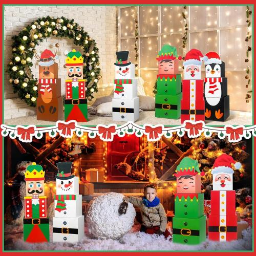 Moinchore 24 Pcs Christmas Gift Boxes Stackable Xmas Decorative Large Snowman, Reindeer, Santa, Nutcracker, Cardboard Nesting Decorations Stacking for Tree Decor