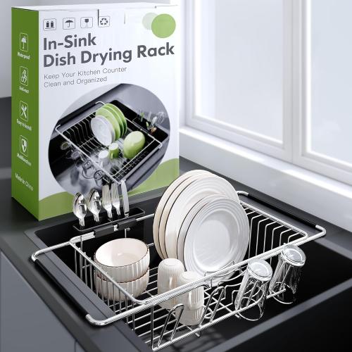 Over the Sink Expandable Dish Drainer Drying Rack In Stainless Steel for Small Kitchen, Counter Space Saving Modern Compact Metal Above Plate Dryer Strainer, Adjustable Hanging Inside Drain Holder