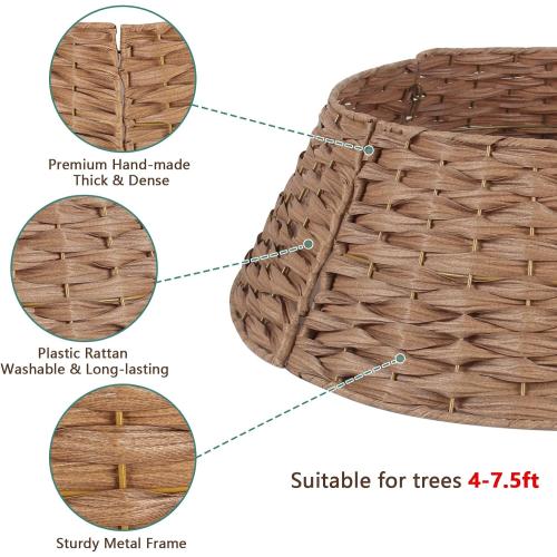 Rattan Christmas Tree Collar, 24in Tree Collar Round Handwoven Disassemble, Light Brown Christmas Tree Collars Wicker Rustic Metal Frame Decoration
