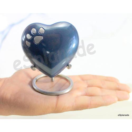 eSplanade Brass Mini Cremation Heart-Shaped Keepsake Memorial Jar Pot Container | Small Urn for Funeral Ashes Burial | Paws Engraved Metal Keepsake with Stand | Dark Blue - 2.75 Inches