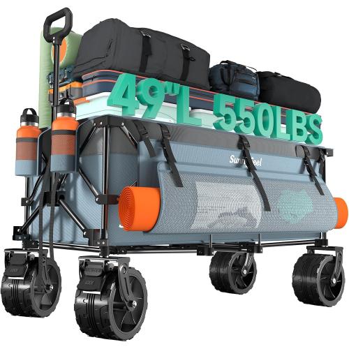 SUNNYFEEL 49 L Foldable Wagon Cart with Big Wheels - 550lbs Heavy Duty Extra Long Collapsible Shopping Cart - Utility Grocery Wagon for Garden Sports Camping Outdoor Activities (Blue)