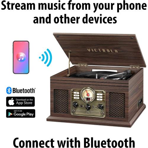 Victrola The Quincy 6-in-1 Bluetooth Record Player & Multimedia Center with Built-in Speakers – 3-Speed Turntable, CD & Cassette Player, AM/FM Radio, Wireless Music Streaming (Espresso)