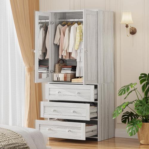 Armoire Wardrobe Closet with Drawers Gray Oak and Mirror, Clothing Storage Cabinet with Hanging Rod, 2 Doors Wooden Wardrobe Cabinet for Bedroom, Large Capacity Storage