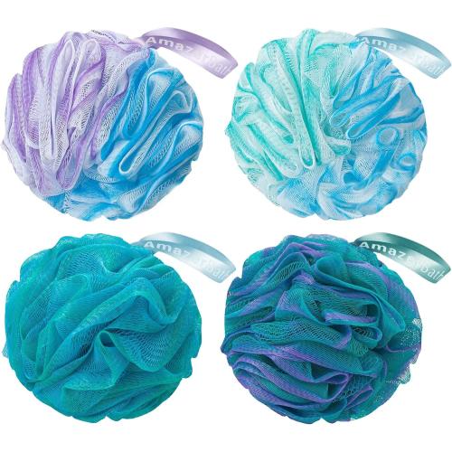 AmazerBath Loofah Sponge 60g/Piece, Exfoliating Bath Sponge Body Scrubber - Loofa Set of 4 Flower Color (Green-Purple)