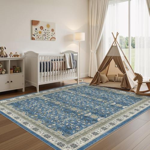 WITSHOCK Living Room Rug Vintage Distressed Oushak Boho Farmhouse Retro Antique, Dining Room Rugs for Under Table, Bedroom Nursery Playroom, Ultra Soft Non-Slip Washable Stain Resistance, Blue