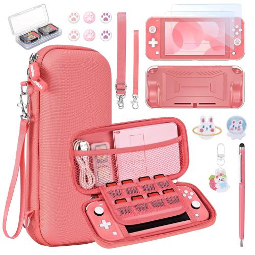 innoAura Switch Lite Case 18-in-1 Accessories Bundle for NS Switch Lite (2019), with Protective Carrying Case, Game Holder, Screen Protector & Cute Thumb Grips, Coral