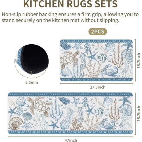 Coastal Rugs for Kitchen Floor, Beach Anti Fatigue Mats for Kitchen Floor Non Slip, 2PCS Rubber Ocean Coral Kitchen Mat, Washable Cushioned Runner Carpet for Sink Laundry 15.7×27.5  15.7×47 3.5mm