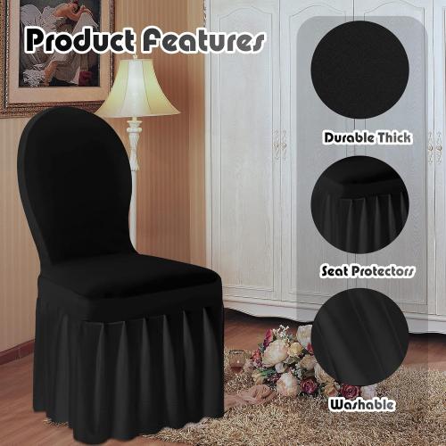 Oudain Chair Slip Covers with Skirt Wedding Long Stretch Spandex Dining Chair Cover Protectors Removable and Washable for Hotel and Wedding Ceremony(Black,10 Pieces)