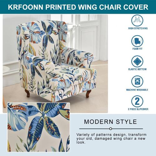KRFOONN Stretch Wing Chair Slipcovers Printed 2 Piece Wingback Chair Covers Soft Spandex Wingback Armchair Slipcover Furniture Protector Chair Covers for Living Room Wingback Chair, T6