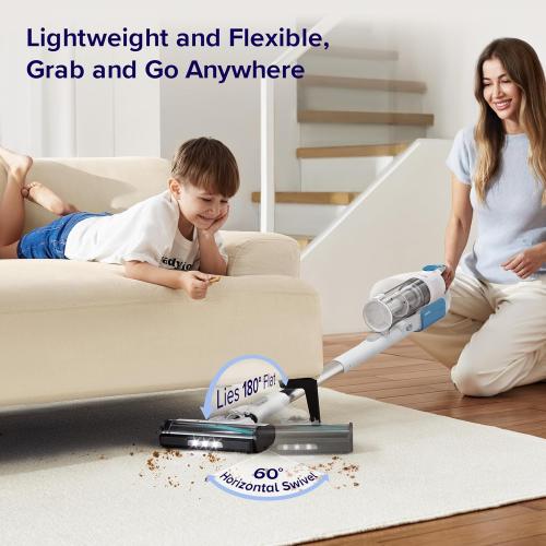 LEVOIT Cordless Stick Vacuum, Anti-Tangle, LED Headlights, Removable Battery, Self-Standing, Strong Suction, for Pet Hair, Hard Floor, Carpet, LVAC-200 White&Blue