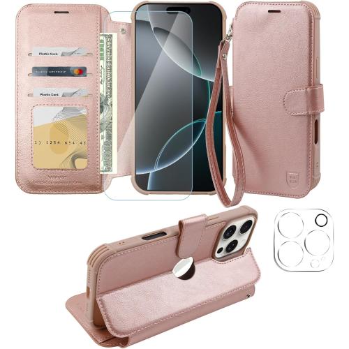 VANAVAGY Compatible for iPhone 16 Pro Max Wallet Case, PU Leather Flip Cover with Wrist Strap RFID Blocking Card Holder for Wireless Charging, [Screen Protector & Camera Cover],Rose Gold