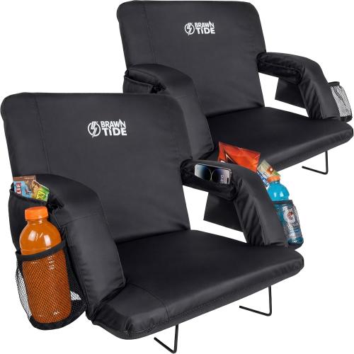 BRAWNTIDE Stadium Seat for Bleachers with Back Support - Wide Padded Reclining Bleacher Seat, Portable Folding Stadium Chair with Armrests, Hooks, Straps, Cup Holders & Pockets (Black, 23, 2 Pack)