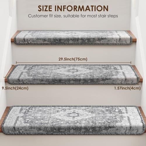 Bullnose Stair Treads for Wooden Steps, Non Slip Stair Carpet for Indoor Runner and Pets, Soft Edging Staircase Protectors Reusable, Washable, 29.5x9.5x1.5 14pcs, Grey