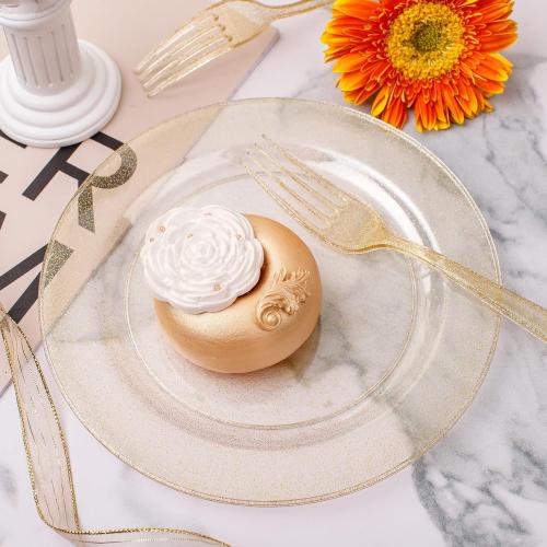 WELLIFE 150-Piece Gold Dessert Plates,Includes 50 Gold Glitter Party Plates,50 Cups & 50 Forks -Plastic Disposable Tableware Set for 50 Guests,Birthday Party,Wedding,Thanksgiving&Fall Decor