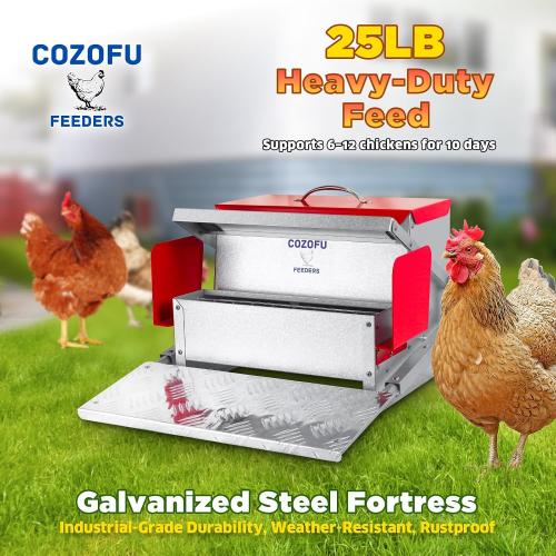 Feeders Automatic Chicken Feeder - Large Capacity for 6-12 Chickens, Lasts 10 Days (25lb Feed), Durable Galvanized Steel, Rat-Proof, No-Spill, Weatherproof Lid