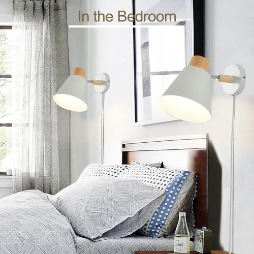 White Plug in Wall Sconces with Switch for Bedroom, Modern Rotation Wall Lamps Up Down E26 Mounted Fixture Wood Metal Lighting Switch Bedside Decor Reading Lights for Kids Bedroom, Living Room