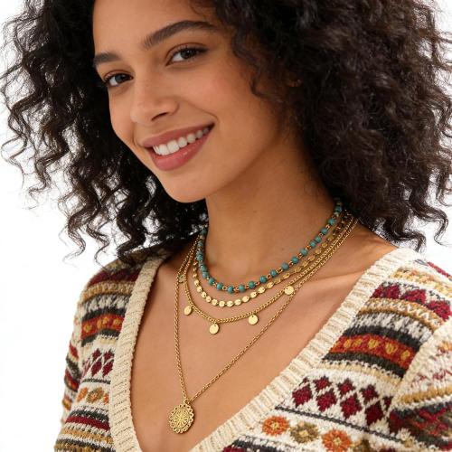 Gold Layered Necklace for Women Summer Boho Layered Stacked Pendant Necklace Country Concert Necklace Turquoise Coin Long Necklace