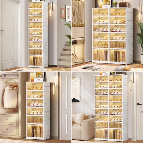 White 9-Tier Foldable Shoe Rack Organizer for Closet,36Pairs Collapsible Plastic Shoe Shelf,Large Shoes Cabinet with Door,Clear Stackable Storage Box Easy Assembly