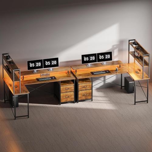 Maihail L Shaped Desk with Shelves,Reversible Computer Desk with LED Lights and Charging Station,Home Office Corner Desk with Monitor Stand,Brown2