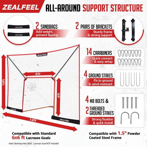 Lacrosse Backstop Net 14x10FT, Extra Large Coverage with 14mm Foam-Wrapped Fiberglass Pole for Shooting Training, 4-Strand Tear-Resistant Netting, Sandbag & Stakes(Lacrosse Goal NOT Included)